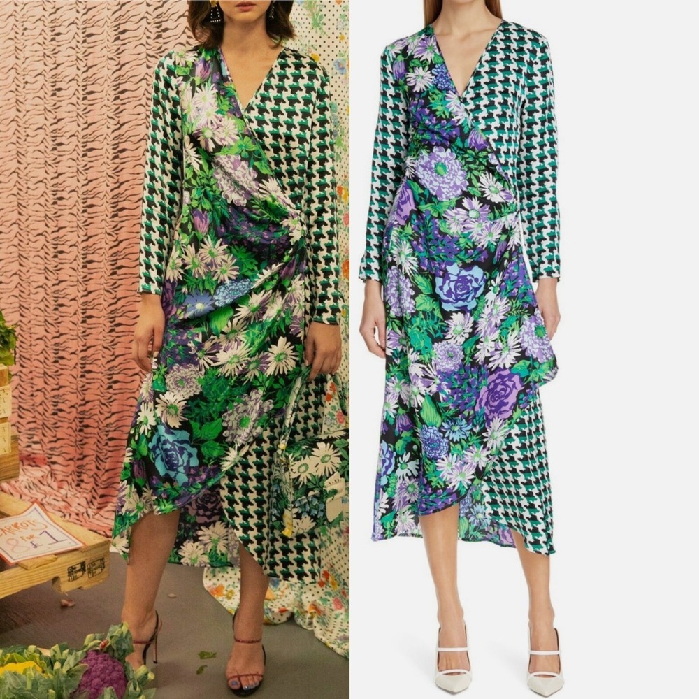 RIXO Betty Floral Midi Dress Silk Blend Womens Sz Small NEW NWT Green Wrap Boho